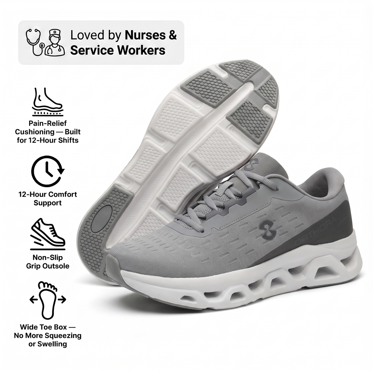 OrthoPro Fly — 12-Hour Shift Shoes for All-Day Foot, Knee & Back Pain Relief